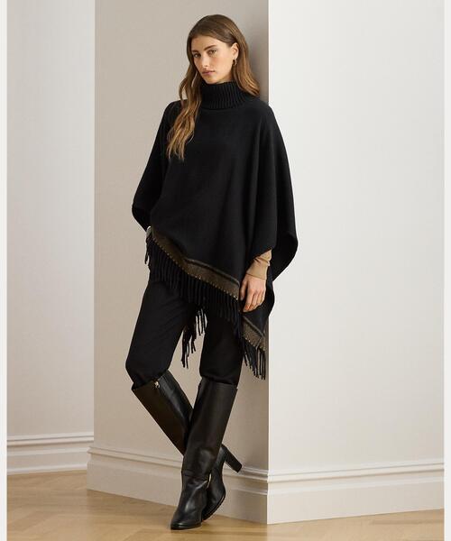 LAUREN RALPH LAUREN(ローレン ラルフ ローレン)の「ツートーン ヘリンボーン タートルネック Ruana(ポンチョ・レディース・ブラック系1・ONE)」の1枚目の写真