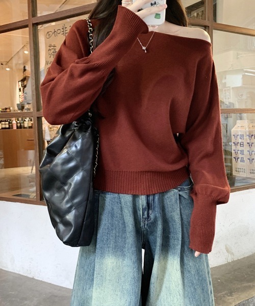 Miniministore(ミニミニストア)の「ボートネックニットトップスオフショルダー(ニット/セーター・レディース・アイボリー/ブラック/グレー/ベージュ/ブラウン/ピンク/ワインレッド・FREE)」の1枚目の写真