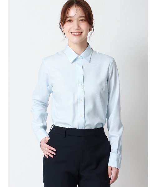 SUIT SQUARE(スーツスクエア)の「レギュラーカラーシャツ 長袖 NON IRONMAX ストレッチ 織柄 Blouse(シャツ/ブラウス・レディース・サックスブルー・40(11号)/38(9号)/36(7号)/42(13号))」の1枚目の写真