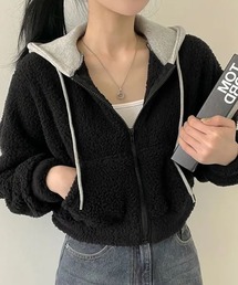 異素材コンピのフード付きボア ブルゾン パーカー