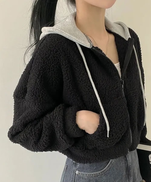 セール】異素材コンピのフード付きボア ブルゾン パーカー（パーカー