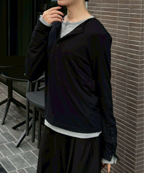 Chikashitsu +（チカシツプラス）の「【Chikashitsu +】sleeve button henry neck long sleeve tee / 【チカシツプラス】スリーブボタンヘンリーネック長袖Tシャツ（Tシャツ/カットソー・メンズ・ブラウン/グレー/ブラック・ONE SIZE）」の22枚目の写真