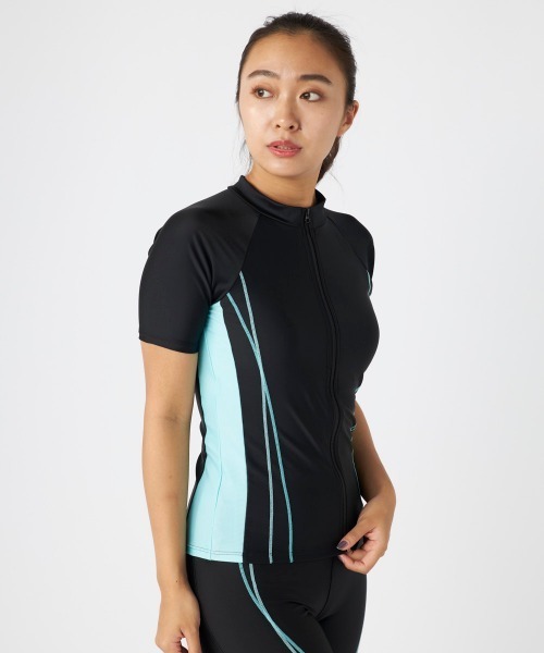 セール】【ノーブランド】レディース半袖フルジップフィットネス水着
