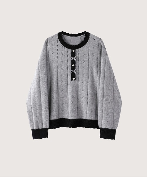 LA POMME jours(ラポミ・ジュール)の「Sweet Frill Piping Ribbon Knit(ニット/セーター・レディース・ホワイト/グレー・FREE)」の2枚目の写真