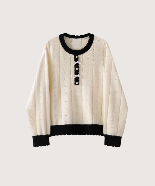 LA POMME jours(ラポミ・ジュール)の「Sweet Frill Piping Ribbon Knit(ニット/セーター・レディース・ホワイト/グレー・FREE)」の1枚目の写真