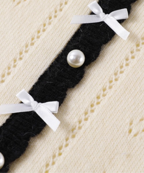 LA POMME jours(ラポミ・ジュール)の「Sweet Frill Piping Ribbon Knit(ニット/セーター・レディース・ホワイト/グレー・FREE)」の4枚目の写真