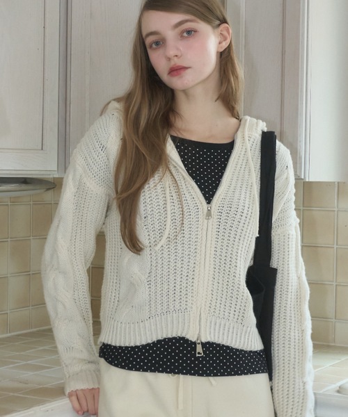 Birthday room（バースデイルーム）の「ケーブルニットダブルジップパーカー/Cable knit double zip hoodie（パーカー・レディース・グレー/アイボリー/ネイビー・FREE）」の4枚目の写真