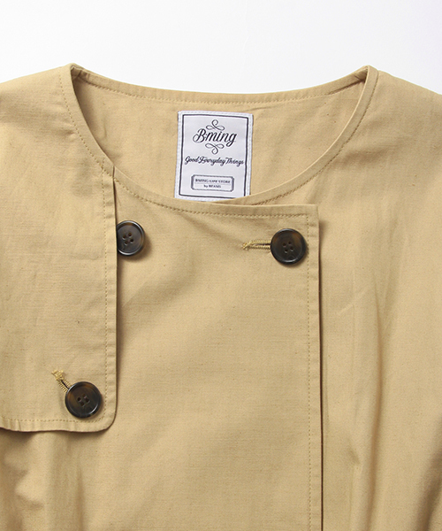B:MING by BEAMS（ビーミングバイビームス）の「ビーミング by ビームス / ノーカラートレンチコート 16SS（トレンチコート・レディース・オリーブ/ベージュ・LARGE/MEDIUM/SMALL）」の3枚目の写真