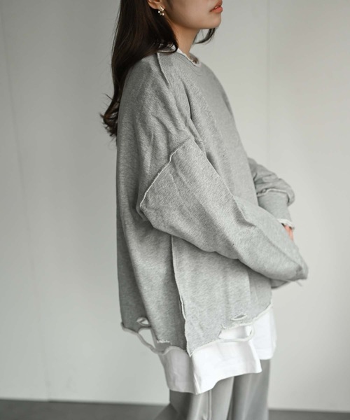 CREARE -LINO-（クレアーレリノ）の「ルーズダメージ無地スウェット（Tシャツ/カットソー・メンズ・オフホワイト/ブラック/グレー・FREE）」の3枚目の写真