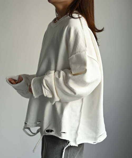 CREARE -LINO-（クレアーレリノ）の「ルーズダメージ無地スウェット（Tシャツ/カットソー・メンズ・オフホワイト/ブラック/グレー・FREE）」の16枚目の写真