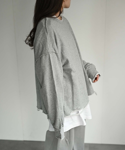 CREARE -LINO-（クレアーレリノ）の「ルーズダメージ無地スウェット（Tシャツ/カットソー・メンズ・オフホワイト/ブラック/グレー・FREE）」の4枚目の写真