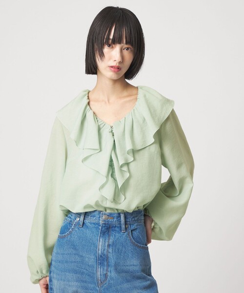 EMMEL REFINES(エメルリファインズ)の「<EMMEL REFINES>EM スパンボイル フリル ブラウス(シャツ/ブラウス・レディース・オフホワイト/ライトブルー/ライム・FREE)」の1枚目の写真