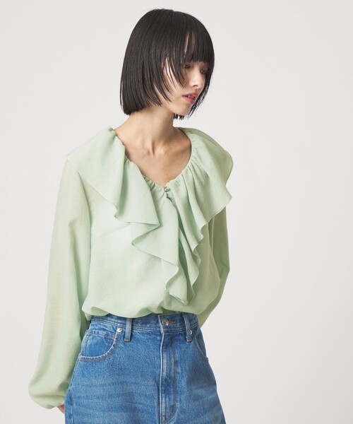 EMMEL REFINES(エメルリファインズ)の「<EMMEL REFINES>EM スパンボイル フリル ブラウス(シャツ/ブラウス・レディース・オフホワイト/ライトブルー/ライム・FREE)」の4枚目の写真