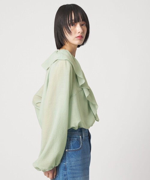 EMMEL REFINES(エメルリファインズ)の「<EMMEL REFINES>EM スパンボイル フリル ブラウス(シャツ/ブラウス・レディース・オフホワイト/ライトブルー/ライム・FREE)」の5枚目の写真