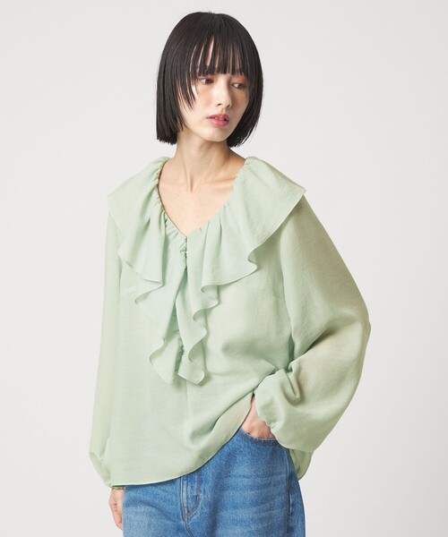 EMMEL REFINES(エメルリファインズ)の「<EMMEL REFINES>EM スパンボイル フリル ブラウス(シャツ/ブラウス・レディース・オフホワイト/ライトブルー/ライム・FREE)」の6枚目の写真