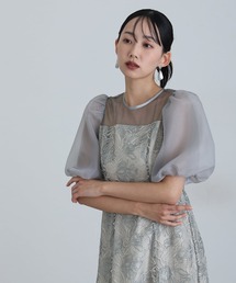 ロング&袖あり フォーマル ニュアンスフラワーバルーンスリーブ シアーAライン セレモニー 結婚式 二次会 パーティー ドレス オケージョンドレス お呼ばれ 同窓会 成人式
