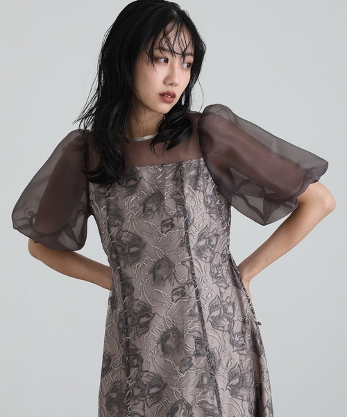 ロング&袖ありフォーマルニュアンスフラワーバルーンスリーブシアーA