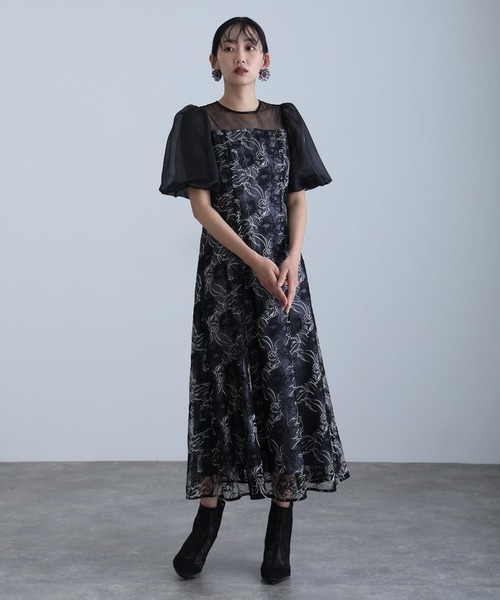 ロング&袖ありフォーマルニュアンスフラワーバルーンスリーブシアーA