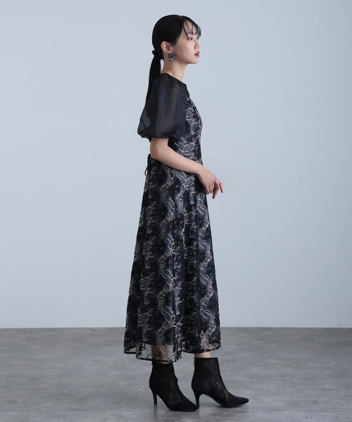 atlo(アトロ)の「ロング&袖あり フォーマル ニュアンスフラワーバルーンスリーブ シアーAライン セレモニー 結婚式 二次会 パーティー ドレス オケージョンドレス お呼ばれ 同窓会 成人式 (ドレス・レディース・モカ/グリーン/ブラック・M)」の5枚目の写真