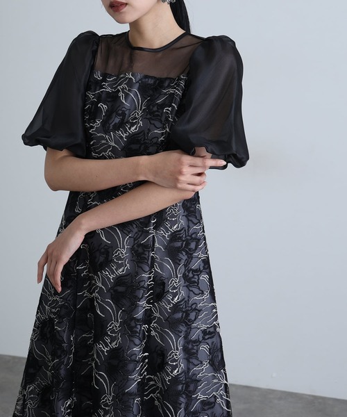 atlo(アトロ)の「ロング&袖あり フォーマル ニュアンスフラワーバルーンスリーブ シアーAライン セレモニー 結婚式 二次会 パーティー ドレス オケージョンドレス お呼ばれ 同窓会 成人式 (ドレス・レディース・モカ/グリーン/ブラック・M)」の7枚目の写真