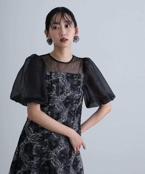 atlo(アトロ)の「ロング&袖あり フォーマル ニュアンスフラワーバルーンスリーブ シアーAライン セレモニー 結婚式 二次会 パーティー ドレス オケージョンドレス お呼ばれ 同窓会 成人式 (ドレス・レディース・モカ/グリーン/ブラック・M)」の8枚目の写真