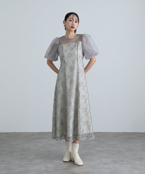 ロング&袖ありフォーマルニュアンスフラワーバルーンスリーブシアーA