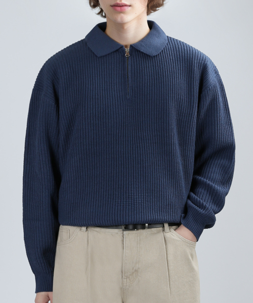 ZIP‑UP COLLAR KNIT (DARK BLUE) — тёмно‑синий вязаный жакет с воротником на молнии