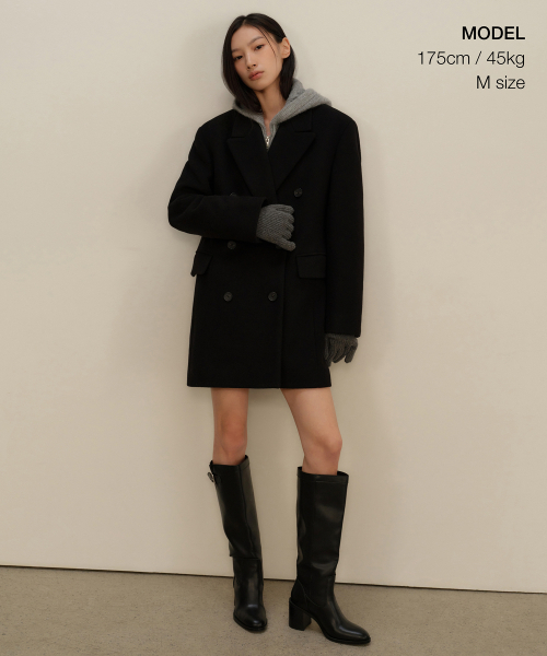 MUSINSA STANDARD WOMAN（ムシンサスタンダードウーマン）の「ウィメンズウールブレンドオーバーショルダーダブルハーフコート[ブラック]（チェスターコート・レディース・その他・SMALL/LARGE/MEDIUM/X-SMALL）」の2枚目の写真