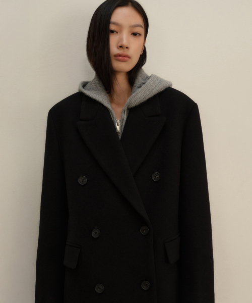 MUSINSA STANDARD WOMAN（ムシンサスタンダードウーマン）の「ウィメンズウールブレンドオーバーショルダーダブルハーフコート[ブラック]（チェスターコート・レディース・その他・SMALL/LARGE/MEDIUM/X-SMALL）」の4枚目の写真