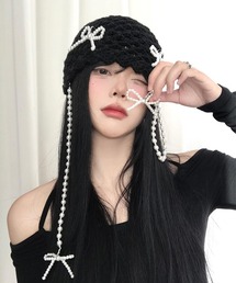 L LABEL（エルラベル）の「パールリボン付き透かし編みニット帽/ビーニー（ニットキャップ/ビーニー）」