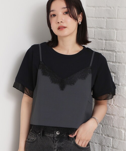 THE SHOP TK (ザ ショップ ティーケー )の「【セットアップ可】麻調 レース切り替えキャミ(タンクトップ・レディース・チャコールグレー/ナチュラル・12/13)」の1枚目の写真