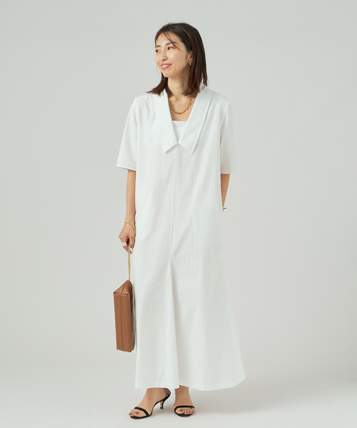 VERMEIL par iena（ヴェルメイユパーイエナ）の「Cotton Linen Flare Dress（ワンピース・レディース・ネイビー/ホワイト・38/36）」の9枚目の写真