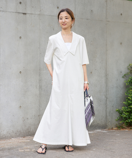 VERMEIL par iena(ヴェルメイユパーイエナ)の「Cotton Linen Flare Dress(ワンピース・レディース・ネイビー/ホワイト・38/36)」の12枚目の写真