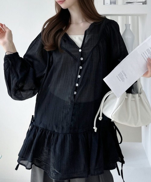 Ada.（エイダ）の「シアーVネックボタン付き 裾フリル 長袖ブラウス（ワンピース・レディース・アイボリー/ブラック・FREE）」の15枚目の写真