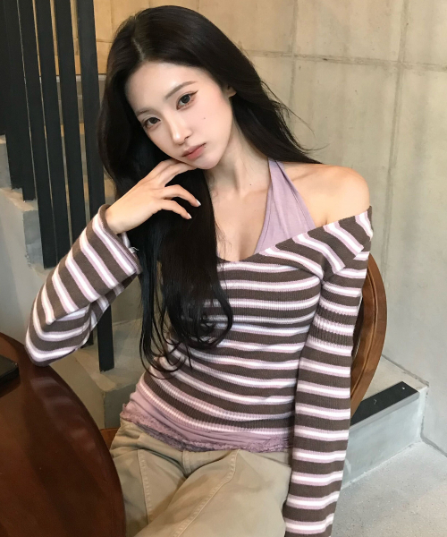 LARTIGENT(ラーティゼン)の「L23 STRIPE DEEP V-NECK KNIT(BROWN)(ニット/セーター・レディース・その他・FREE)」の1枚目の写真