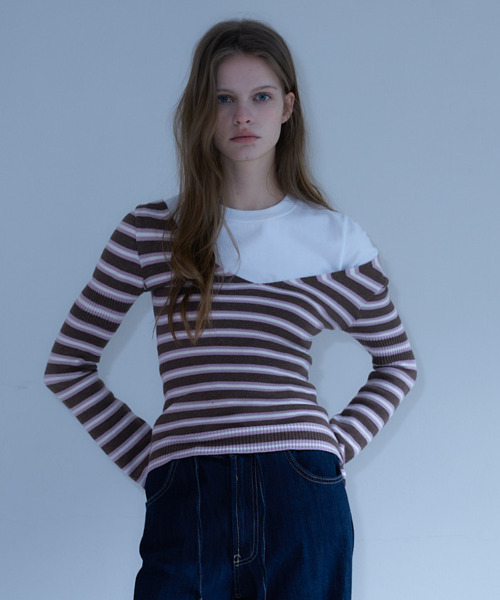 LARTIGENT(ラーティゼン)の「L23 STRIPE DEEP V-NECK KNIT(BROWN)(ニット/セーター・レディース・その他・FREE)」の4枚目の写真