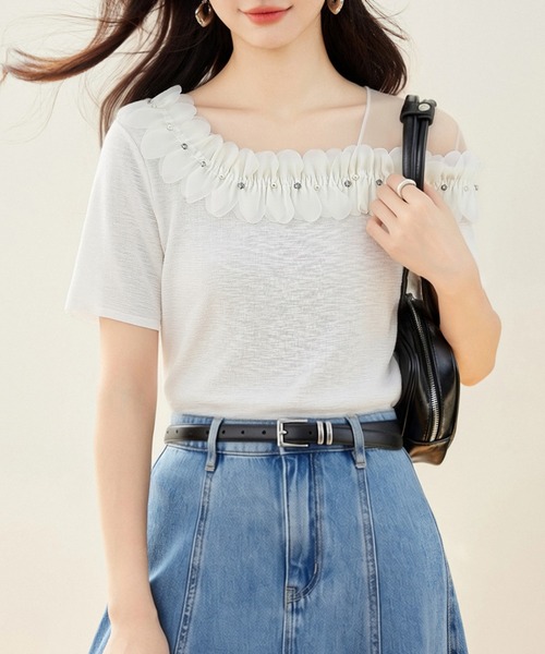 AMAJI(アマジ)の「オフショルダーネック フリル切替 シアー重ね 半袖トップス(Tシャツ/カットソー・レディース・ライトパープル/ホワイト・X-LARGE/LARGE/MEDIUM/SMALL)」の5枚目の写真
