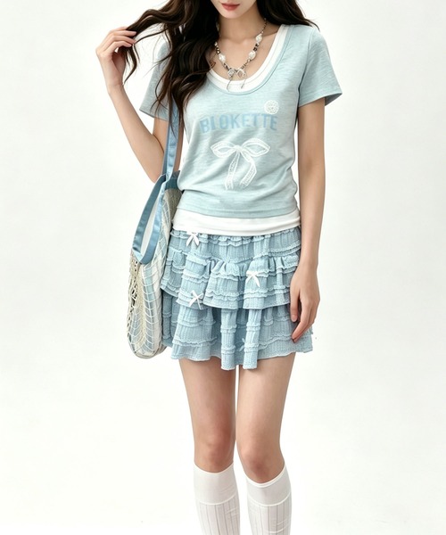 HOOK(フック)の「HOOK for girls リボンロゴプリント レイヤード風UネックTシャツ (SS)(Tシャツ/カットソー・レディース・ブルー/イエロー・FREE)」の1枚目の写真