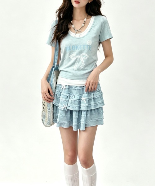 HOOK(フック)の「HOOK for girls リボンロゴプリント レイヤード風UネックTシャツ (SS)(Tシャツ/カットソー・レディース・ブルー/イエロー・FREE)」の8枚目の写真