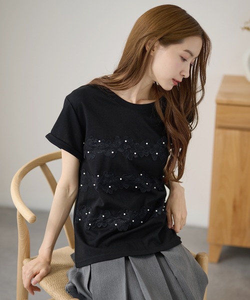 DAYRA（デイラ）の「フラワー レース パール デザイン カットソー（Tシャツ/カットソー・レディース・ホワイト/ブラック・FREE）」の7枚目の写真