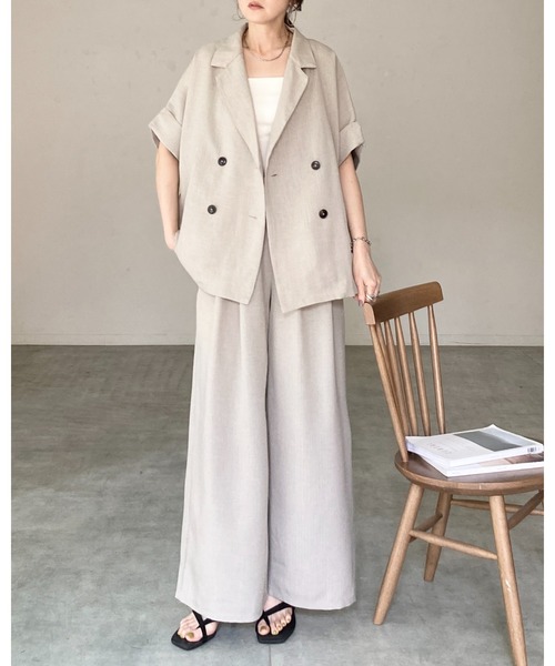 She's Closet(シーズクローゼット)の「リネンタッチ半袖ダブルテーラードジャケット&ワイドパンツセットアップ(セットアップ・レディース・モカ/ベージュ/ブラック・FREE)」の14枚目の写真