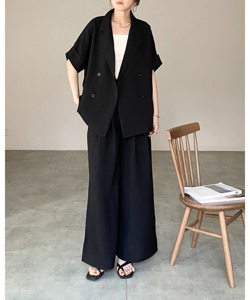 She's Closet(シーズクローゼット)の「リネンタッチ半袖ダブルテーラードジャケット&ワイドパンツセットアップ(セットアップ・レディース・モカ/ベージュ/ブラック・FREE)」の18枚目の写真