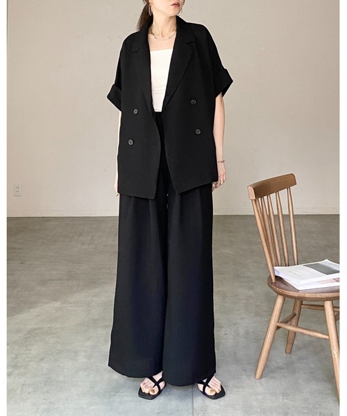 She's Closet(シーズクローゼット)の「リネンタッチ半袖ダブルテーラードジャケット&ワイドパンツセットアップ(セットアップ・レディース・モカ/ベージュ/ブラック・FREE)」の19枚目の写真