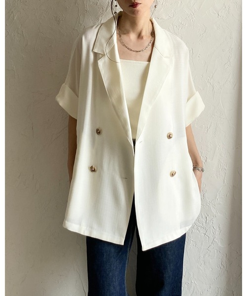 She's Closet(シーズクローゼット)の「リネンタッチ半袖ダブルテーラードジャケット&ワイドパンツセットアップ(セットアップ・レディース・モカ/ベージュ/ブラック・FREE)」の4枚目の写真