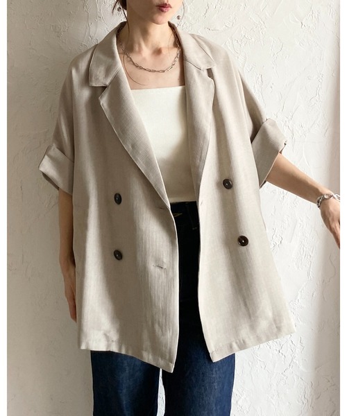 She's Closet(シーズクローゼット)の「リネンタッチ半袖ダブルテーラードジャケット&ワイドパンツセットアップ(セットアップ・レディース・モカ/ベージュ/ブラック・FREE)」の5枚目の写真
