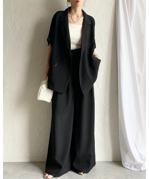 She's Closet(シーズクローゼット)の「リネンタッチ半袖ダブルテーラードジャケット&ワイドパンツセットアップ(セットアップ・レディース・モカ/ベージュ/ブラック・FREE)」の6枚目の写真