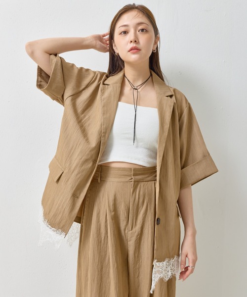 en CAnAF(エンカナフ)の「【軽やかに羽織れておしゃれ見え】セットアップ対応 リネンライク レースレイヤード ハーフスリーブジャケット(テーラードジャケット・レディース・アイボリー/グレイッシュベージュ/ブラック・フリー)」の18枚目の写真