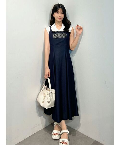 MERCURYDUO(マーキュリーデュオ)の「ビスチェドッキングレースレイヤードワンピース(ワンピース・レディース・インディゴブルー/ベビーピンク・FREE)」の3枚目の写真