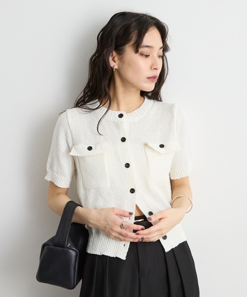 STELLA FISH(ステラフィッシュ)の「きれいめに着回せる。ポケット付き半袖サマーニットカーディガン(カーディガン/ボレロ・レディース・レッド/オフホワイト/ベージュ・FREE)」の5枚目の写真