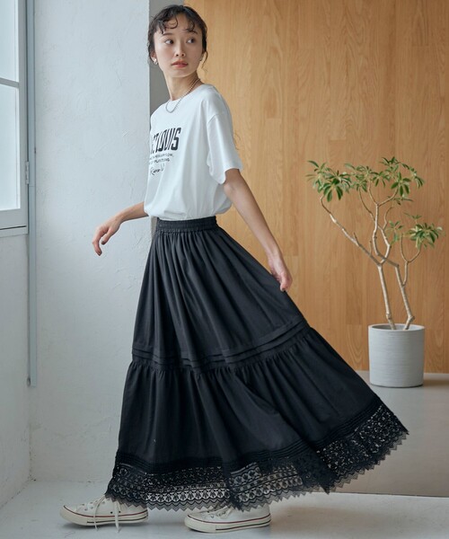 coen(コーエン)の「裾レース刺繍ティアードスカート(スカート・レディース・ブラック/オレンジ系その他・FREE)」の4枚目の写真